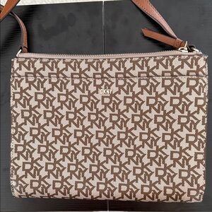 DKNY Tan and Brown Monogram Shoulder/Crossbody Bag